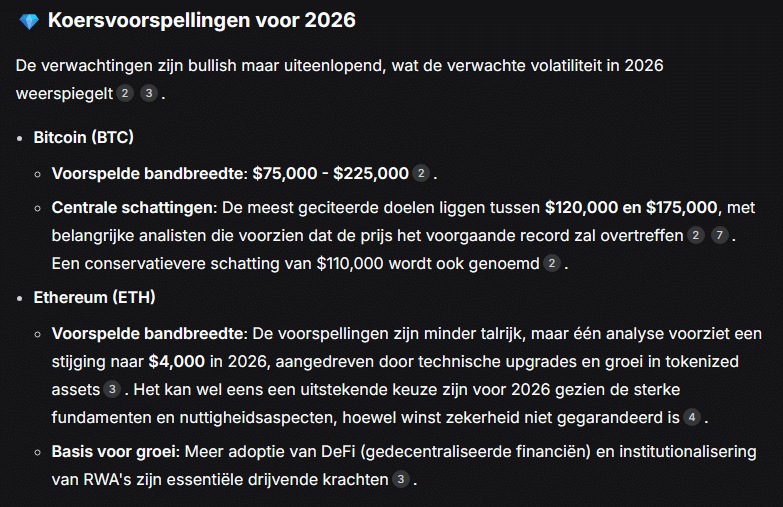BTC en ETH koersvoorspellingen voor 2026 - Bron: DeepSeek AI