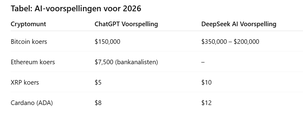 ChatGPT vs Deepseek voorspellingen Bitcoin Ethereum XRP
