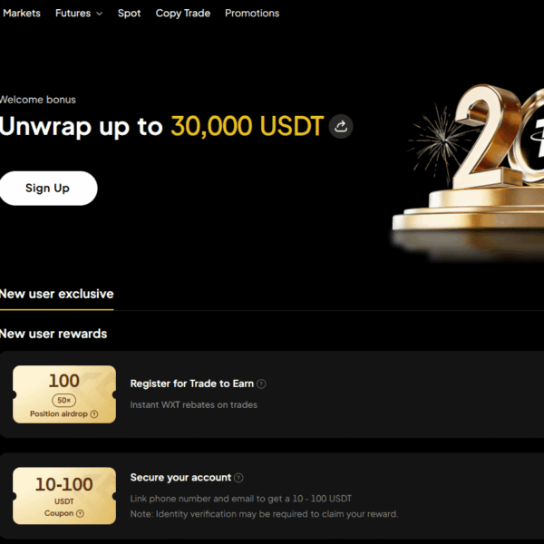 Nieuwe WEEX welkomstactie: 10–100 USDT coupons + 20 % deposit bonus