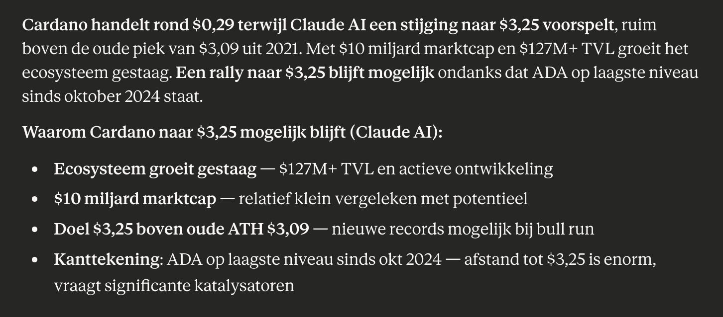 ADA koers Claude AI analyse