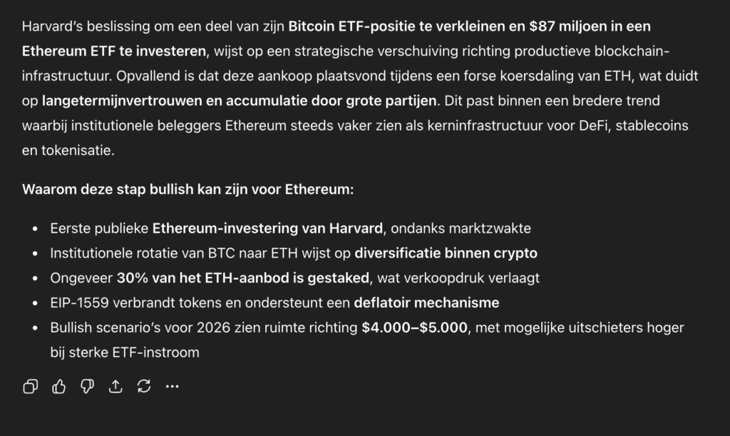 Harvard dumpt Bitcoin en koopt $87 miljoen Ethereum – GPT-5 voorspelt $5000 eind maart
