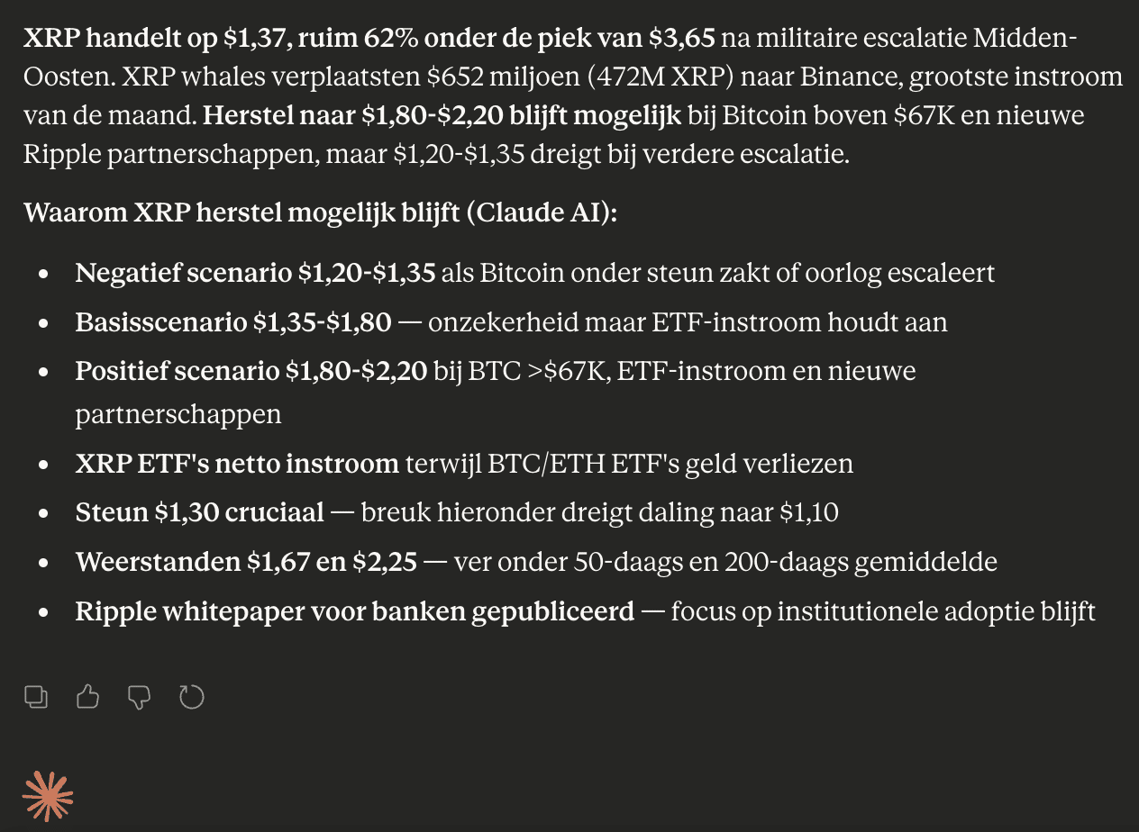 XRP koers verwachting maart volgens Claude