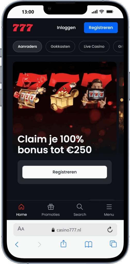 Casino777 casino app homepage met welkomstbonus