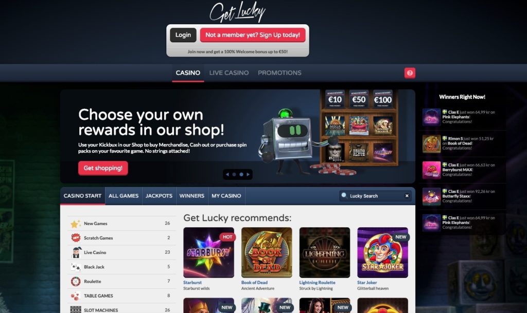 GetLucky startpagina met free spins