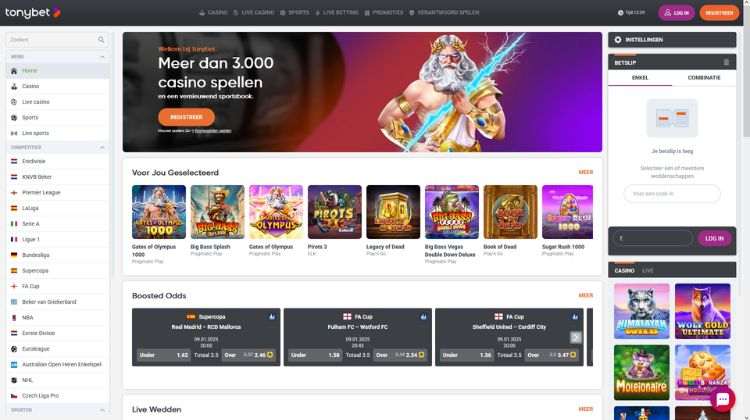 TonyBet startpagina met casino en sportsbook