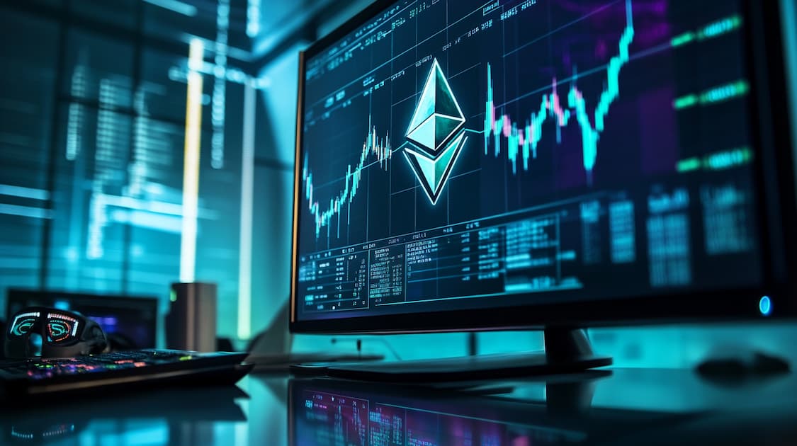 ethereum kurs graf på en dataskjerm med eth logo 