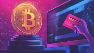kjøpe kryptovaluta bankkort, datamaskjerm og en bitcoin mynt