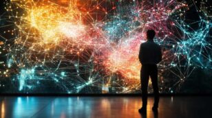En investor foran en skjerm med fargerikt nettverk av kryptovalutaer, som viser det dynamiske markedet i 2025.