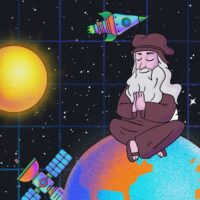 solaxy mann på jorden rakett og sol