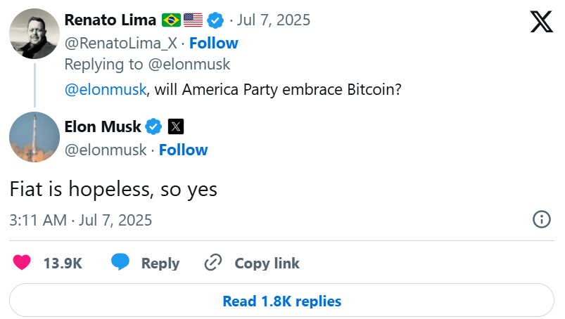Musk bekrefter at hans nye parti vil omfavne Bitcoin