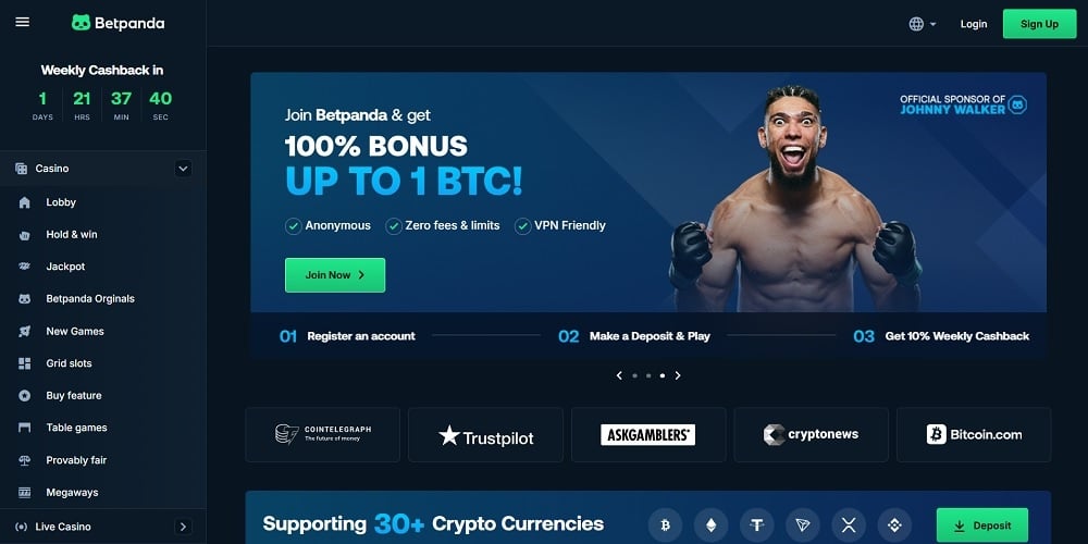 Главная страница казино без KYC Betpanda