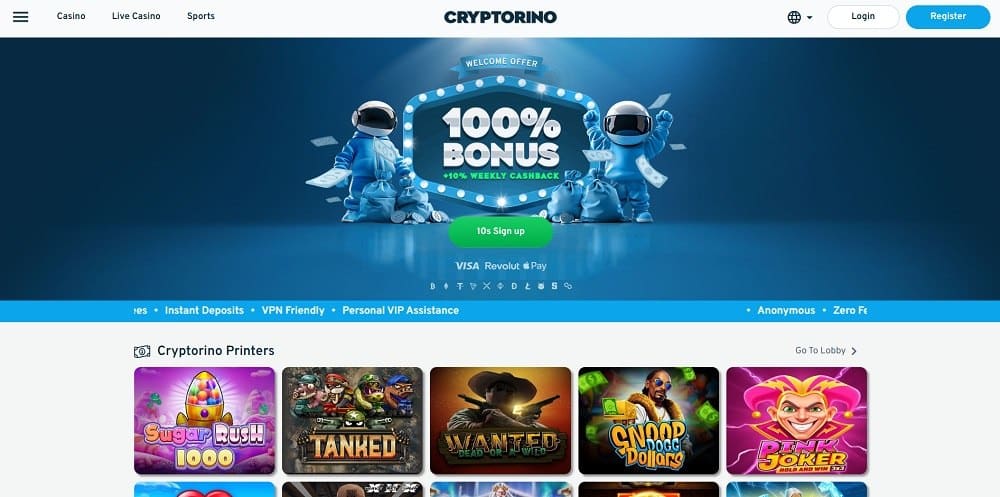Главная страница казино без KYC Cryptorino