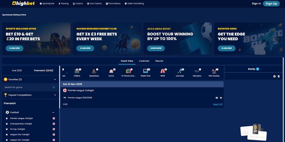 Главная страница БК High Bet