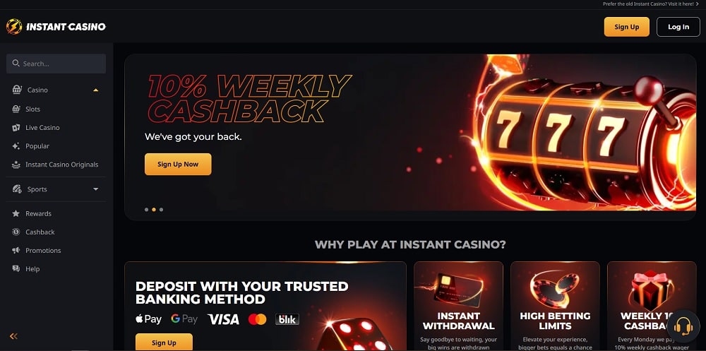 Главная страница казино без KYC Instant Casino