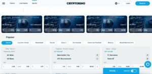 Главная страница крипто букмекера Cryptorino