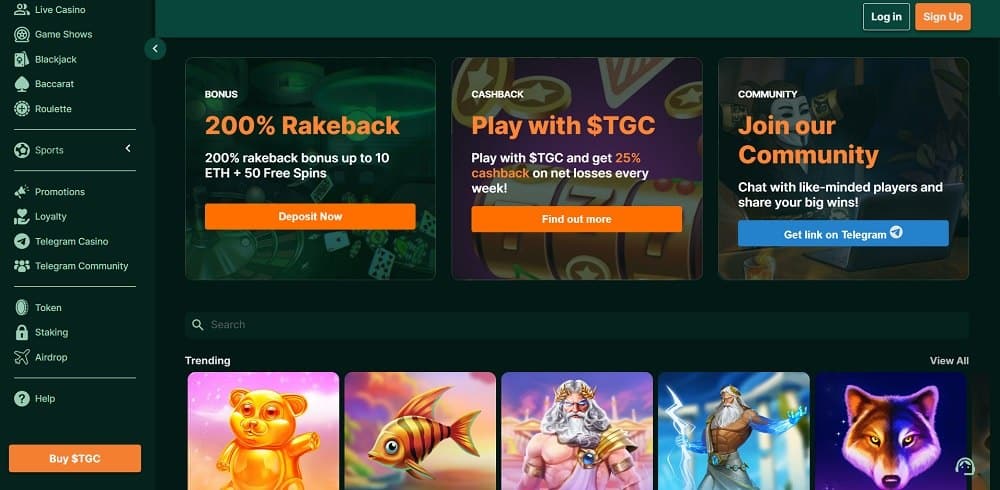 Главная страница казино без KYC TG.Casino