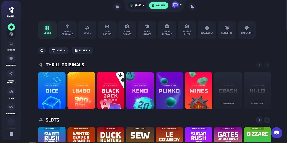 Главная страница казино без KYC Thrill Casino