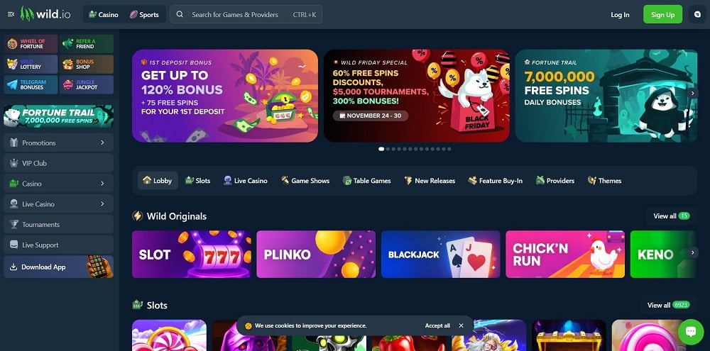 Главная страница казино без KYC Wild.io