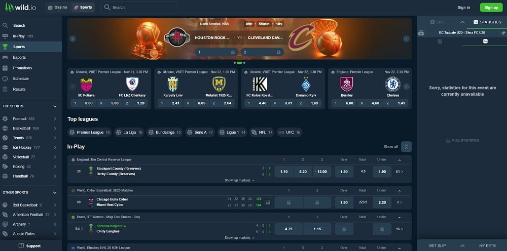 Главная страница БК Wild.io