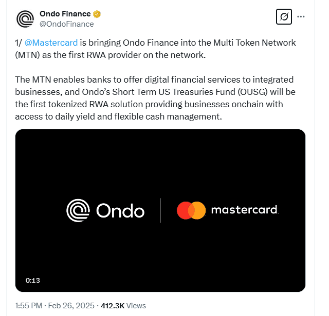 Yeni Bir Gün, Yeni Bir ONDO Yükseliş Katalizörü: Ondo, Mastercard'ın Multi-Token Network'ündeki İlk RWA Sağlayıcısı Oldu
