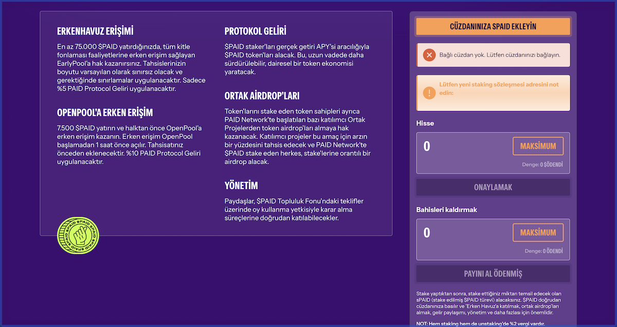 $PAID Tokenlarını Stake Edin