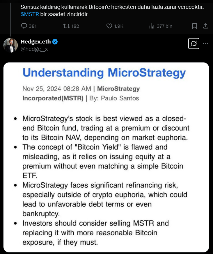 Hedgex.eth, X’te “Saylor, Bitcoin’e en büyük darbeyi vurabilir” derken, Haralabos Voulgaris, bir sonraki BTC krizinin Strategy kaynaklı olabileceğini iddia etti.