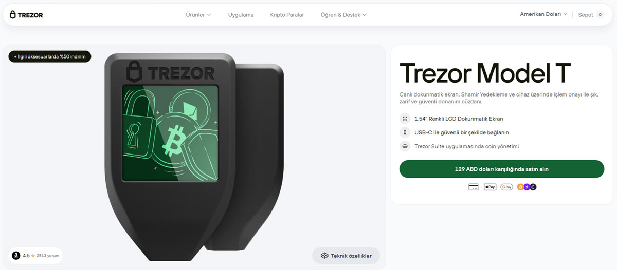 Trezor Model T donanım cüzdanı, en iyi Monero cüzdanları arasında