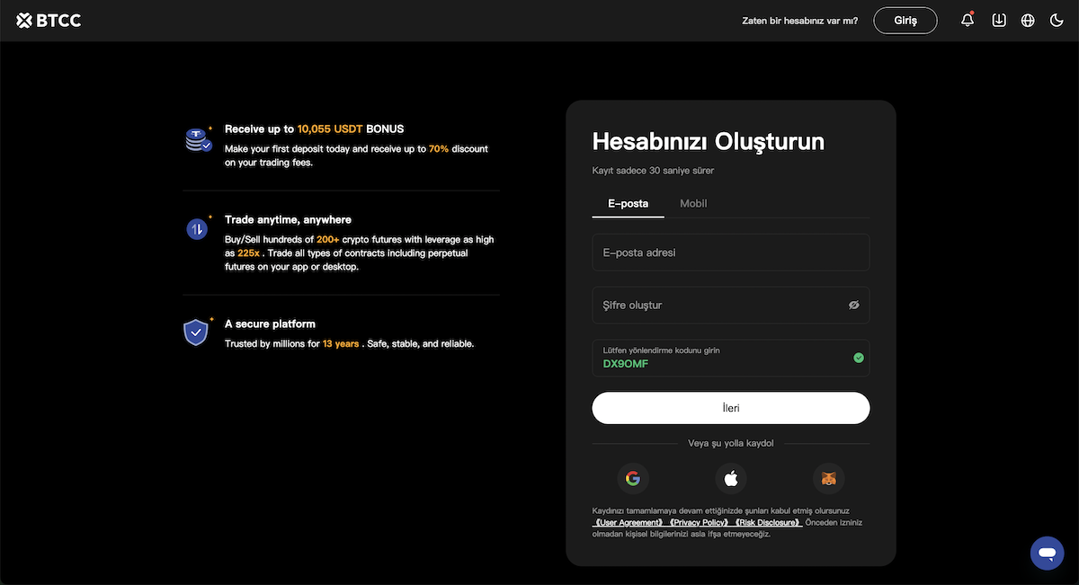 kayıt olunca para veren borsalar BTCC
