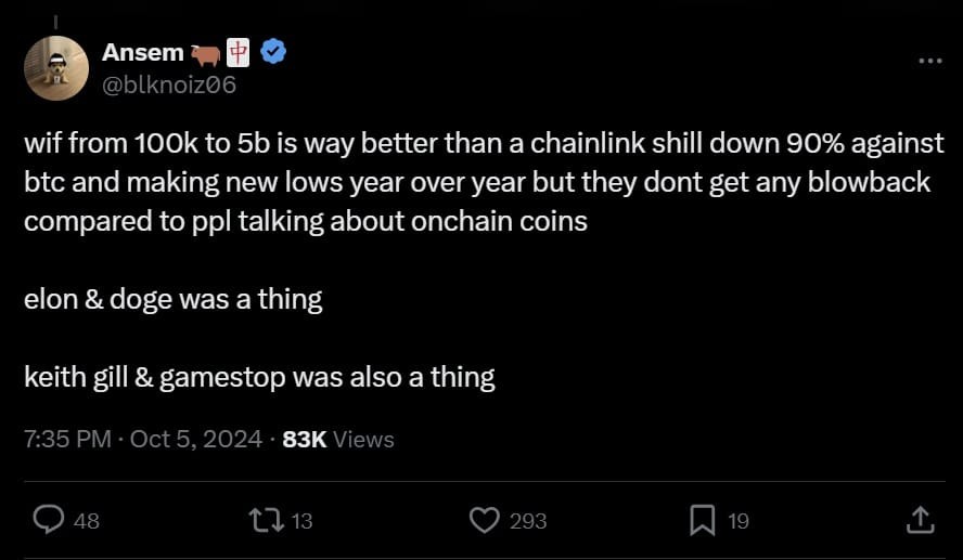 Ansem, Dogwifhat (WIF)’i Chainlink ve Bitcoin ile karşılaştırıyor.