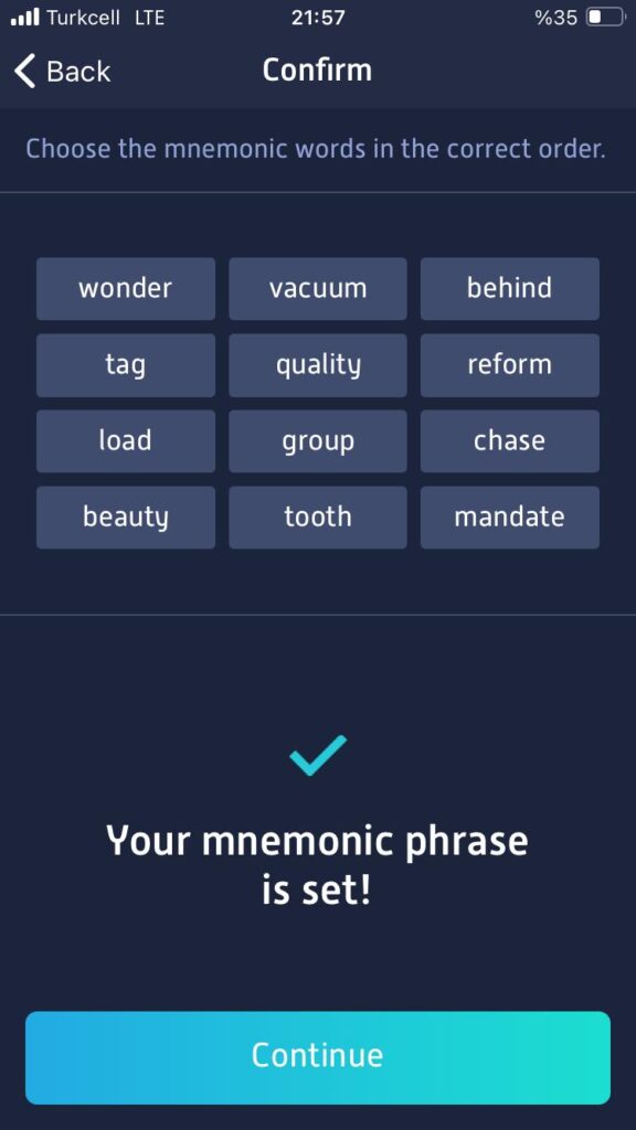 Theta Network cüzdanı kurulumu için Mnemonic Kelime Doğrulaması