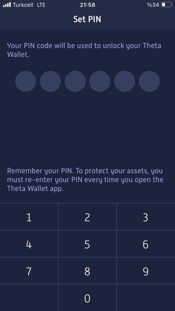 Theta Network cüzdanı kurulumunda Theta Wallet PİN Kodu Oluşturma