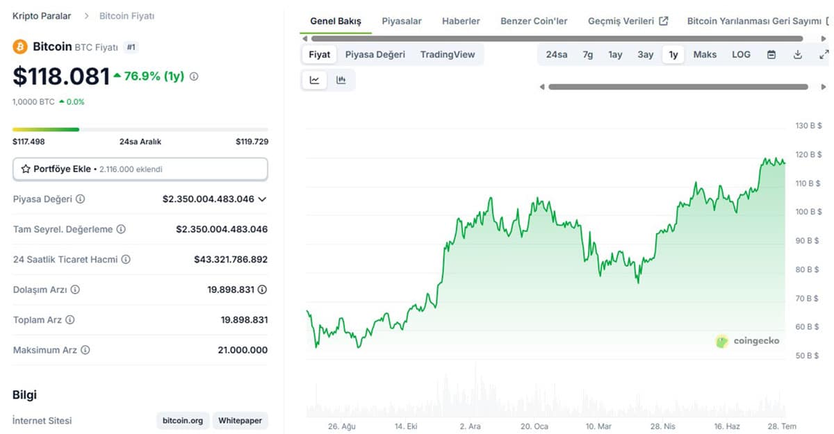 Bitcoin - Son 1 Yıllık Fiyat Grafiği - CoinGecko