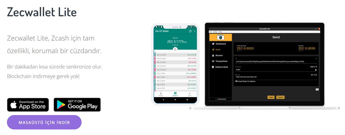 ZEC coin cüzdanı Zecwallet Lite