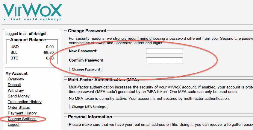 Change password at VirWox