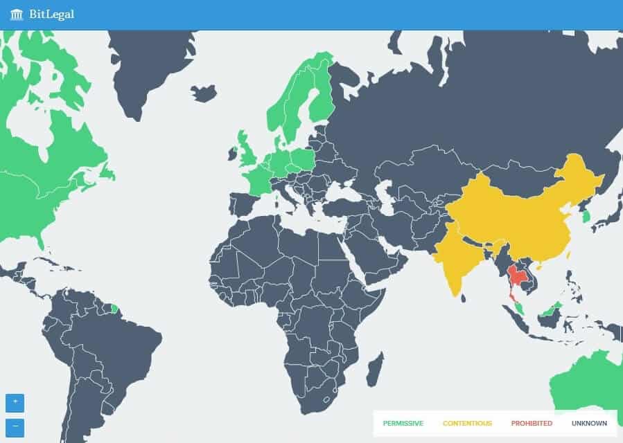 2019 map of countries opposed to bitcoin