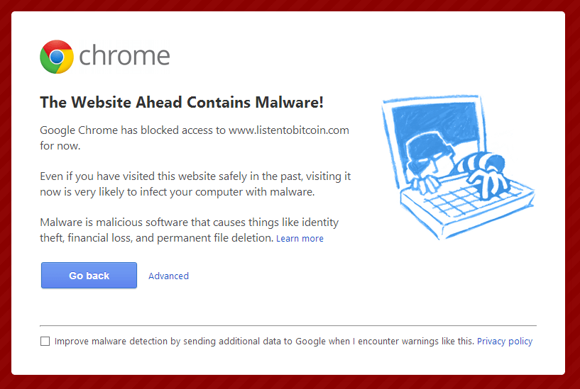 Google's malware warning at ListenToBitcoin.com