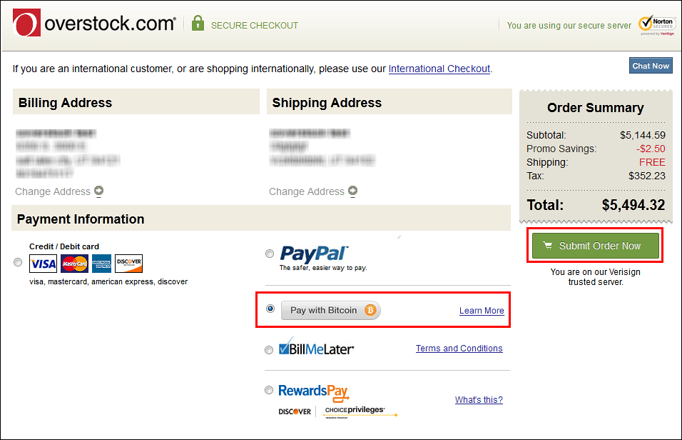 how to pay with bitcoin on overstock