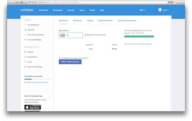 Coinbase buy screen, before bank verification