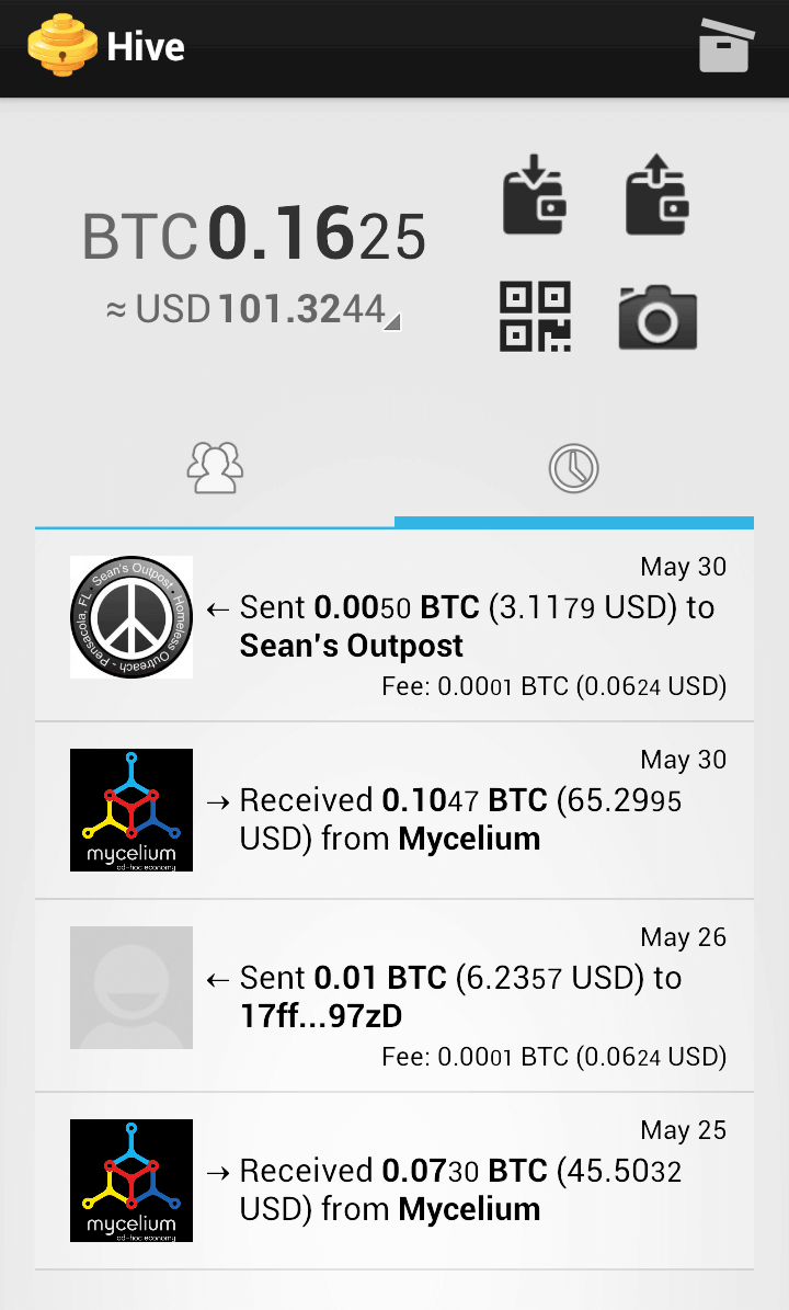 Hive home screen w/ transactions