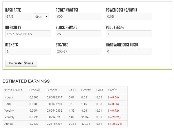 Bitcoin Mining Calculator with 67.5 GH/s At 600 Watts