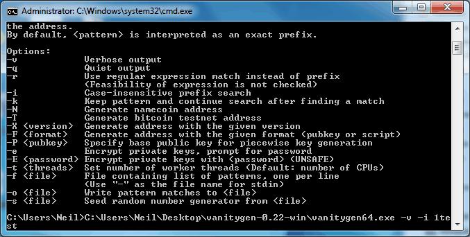 running vanitygen with test
