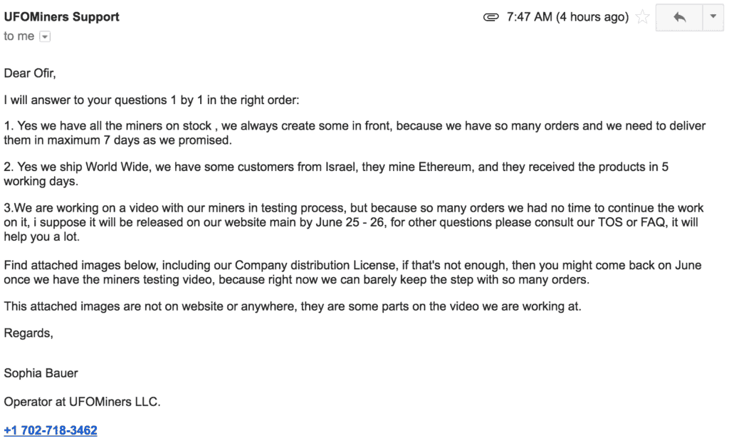 UFO miners email response