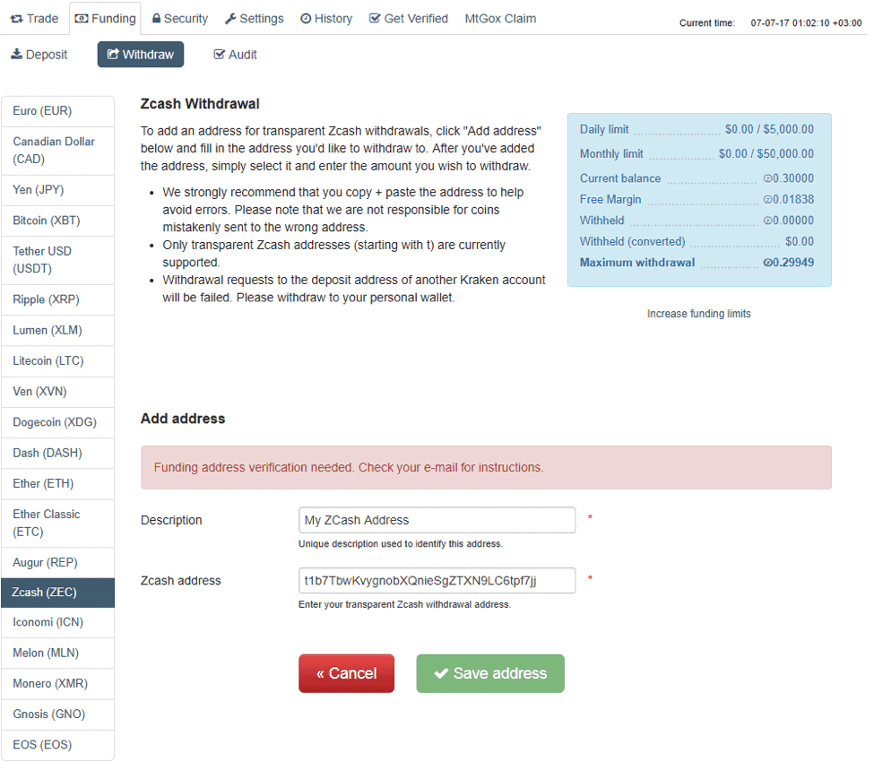 Zcash withdraw