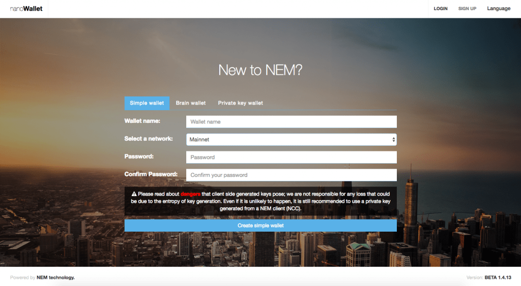 NEM Nano Wallet Signup Page