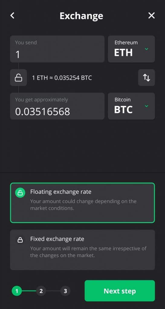 Changelly swap screen