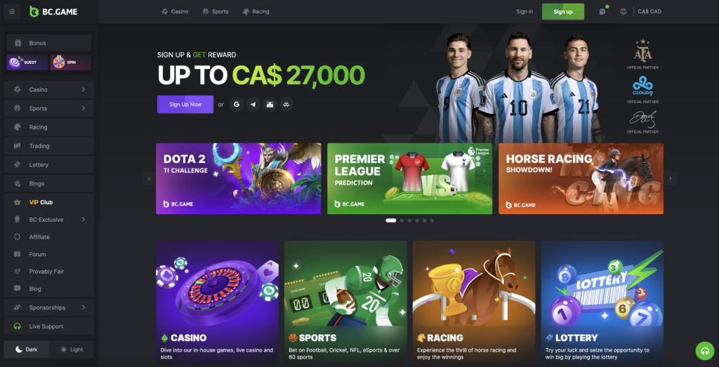 Homepage of BC.Game crypto casino and sportsbook