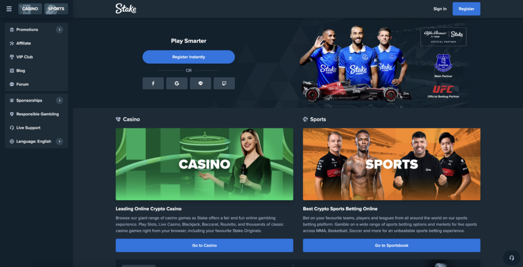 Homepage of Stake crypto casino and sportsbook