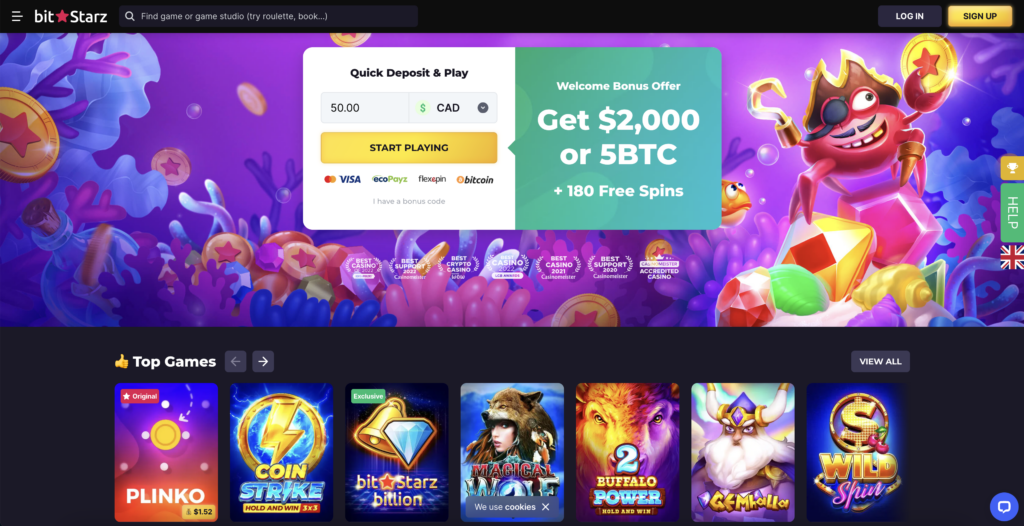 Homepage of BitStarz crypto casino