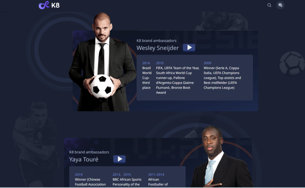 k8 ambassadors, Wesley Sneijder & Yaya Touré