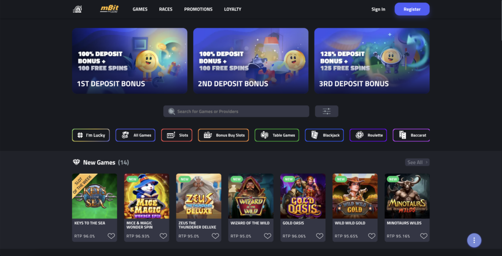 Homepage of mBit crypto casino